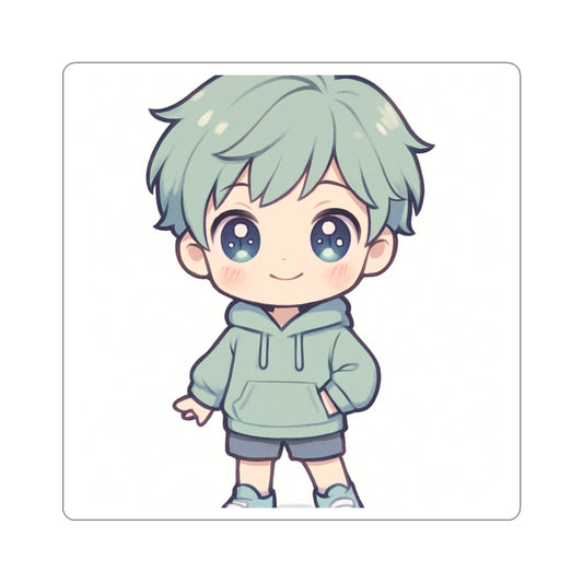 Chibi Boy Cute Anime Sticker — Pastel Green Hoodie Kiss-Cut Decal