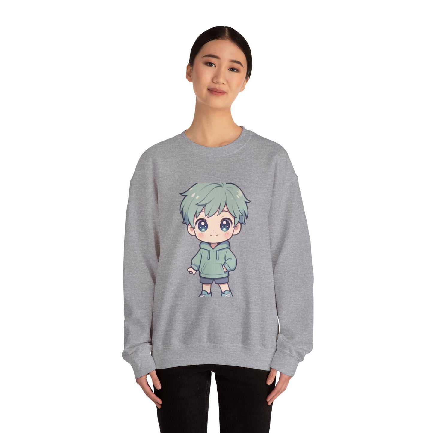 Chibi Green-Haired Boy Crewneck Sweatshirt - Cute Kawaii Anime Style