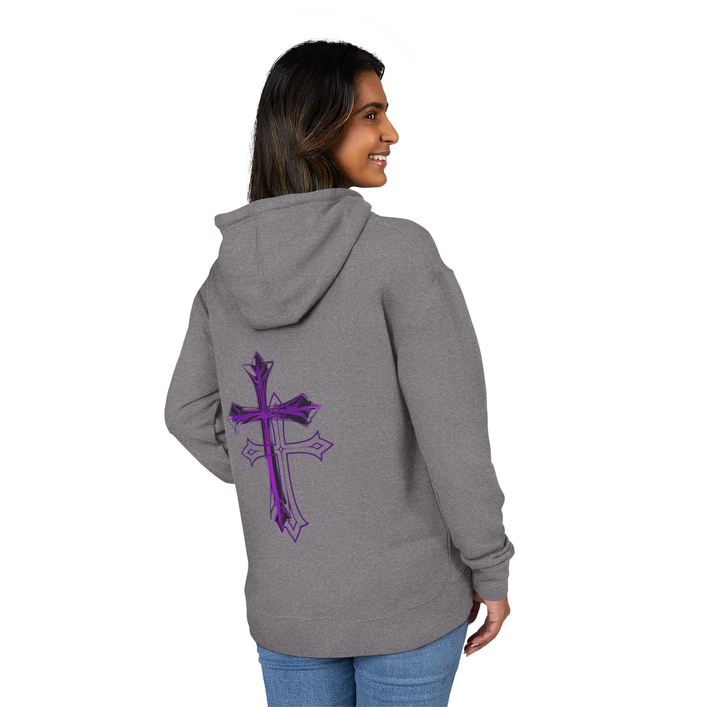 Stylish Unisex French Terry Hoodie with Purple Cross Design, Casual Wear, Gift for Teens, Faith-Inspired Fashion, Perfect for Cozy Days