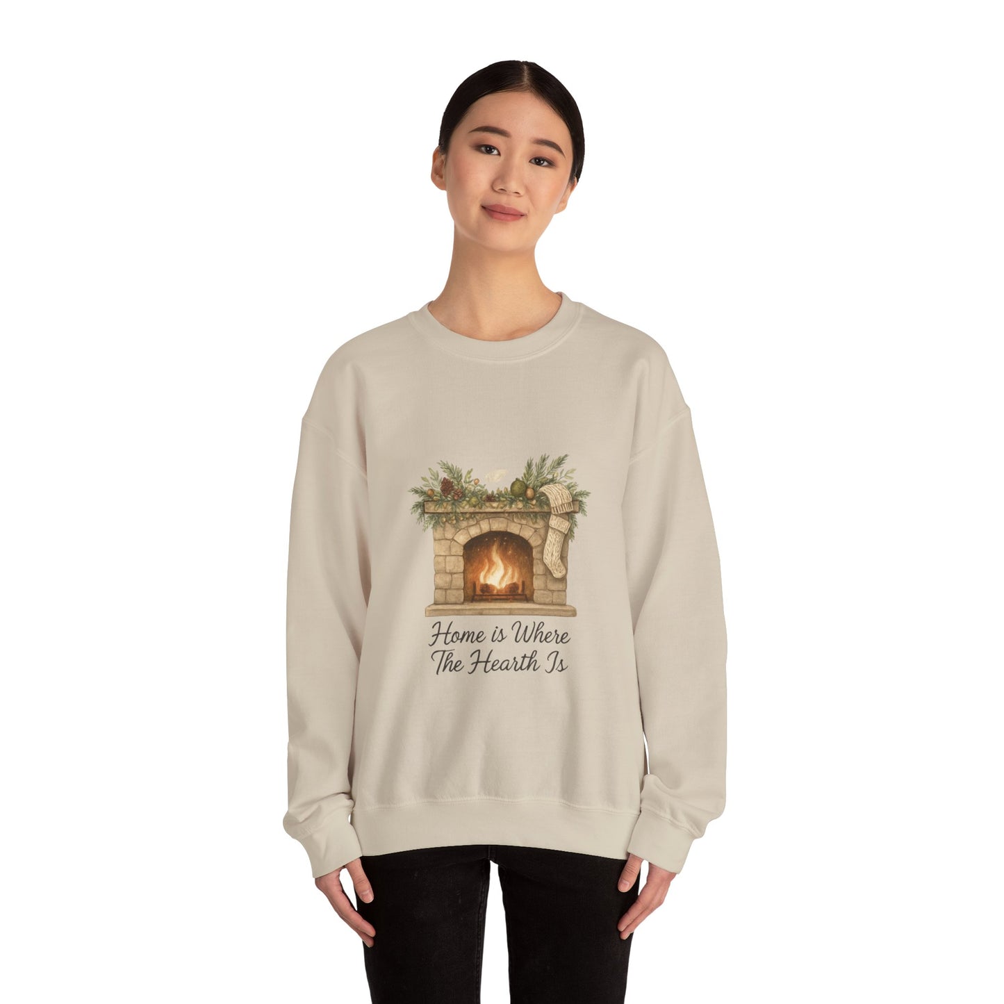 Crewneck Sweatshirt — "Home Is Where The Hearth Is" Fireplace Graphic Cozy Winter Pullover