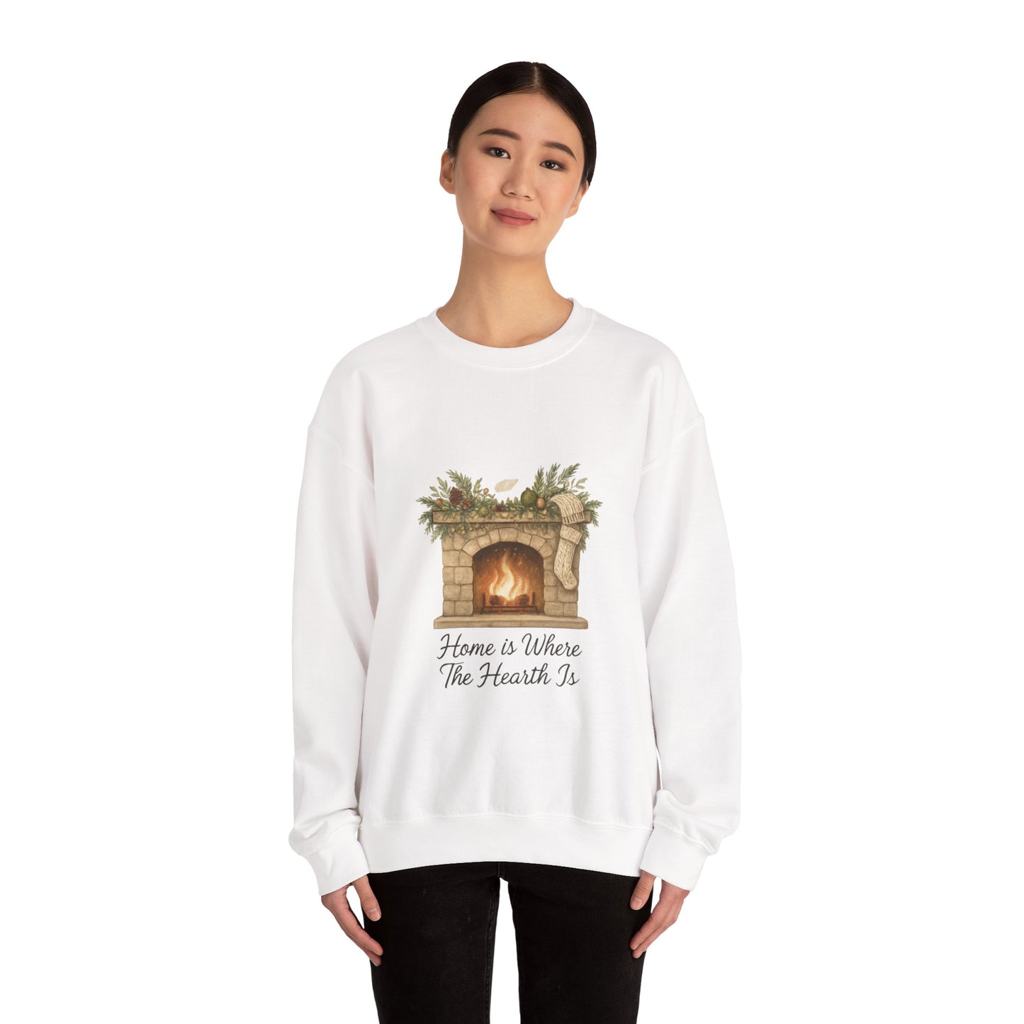 Crewneck Sweatshirt — "Home Is Where The Hearth Is" Fireplace Graphic Cozy Winter Pullover