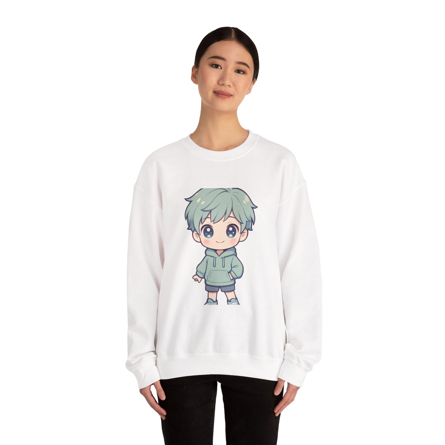 Chibi Green-Haired Boy Crewneck Sweatshirt - Cute Kawaii Anime Style