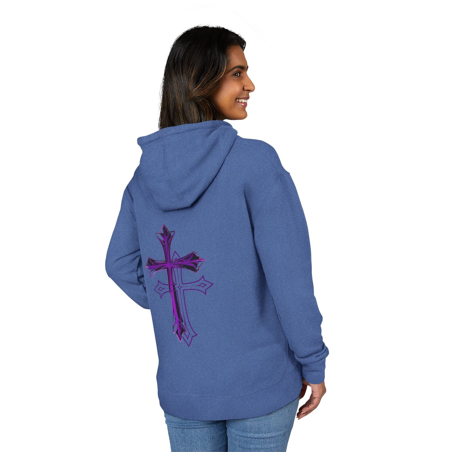 Stylish Unisex French Terry Hoodie with Purple Cross Design, Casual Wear, Gift for Teens, Faith-Inspired Fashion, Perfect for Cozy Days