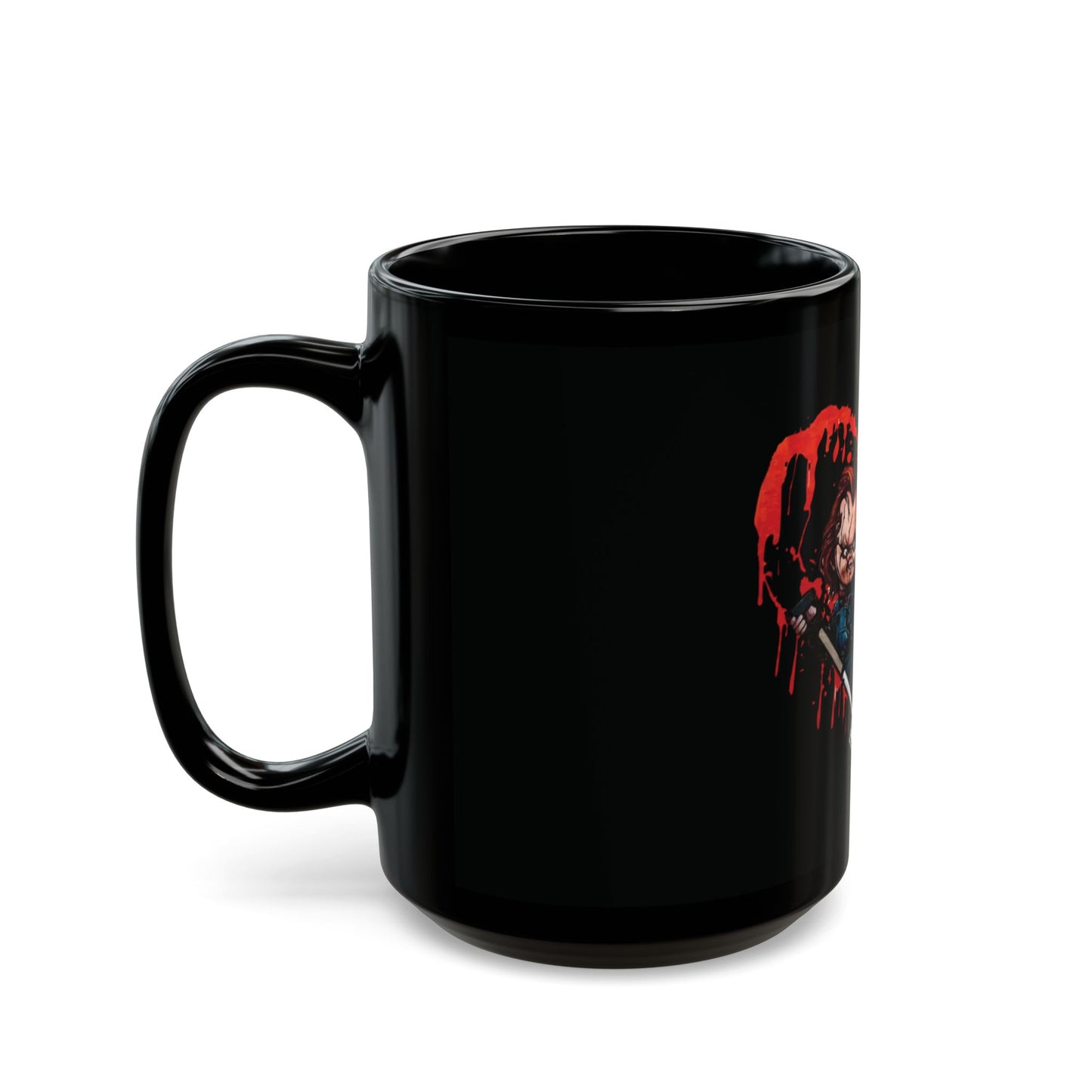 Horror Couple Heart Black Mug — Cute Creepy Chucky & Bride Design (11oz/15oz)