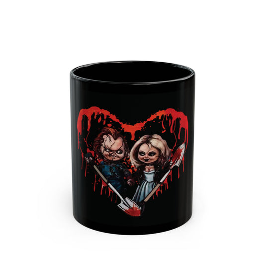 Horror Couple Heart Black Mug — Cute Creepy Chucky & Bride Design (11oz/15oz)