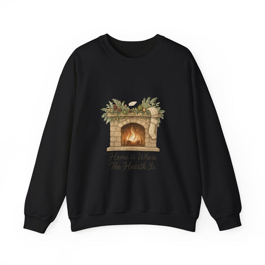 Crewneck Sweatshirt — "Home Is Where The Hearth Is" Fireplace Graphic Cozy Winter Pullover