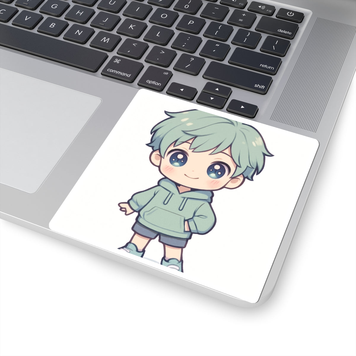 Chibi Boy Cute Anime Sticker — Pastel Green Hoodie Kiss-Cut Decal