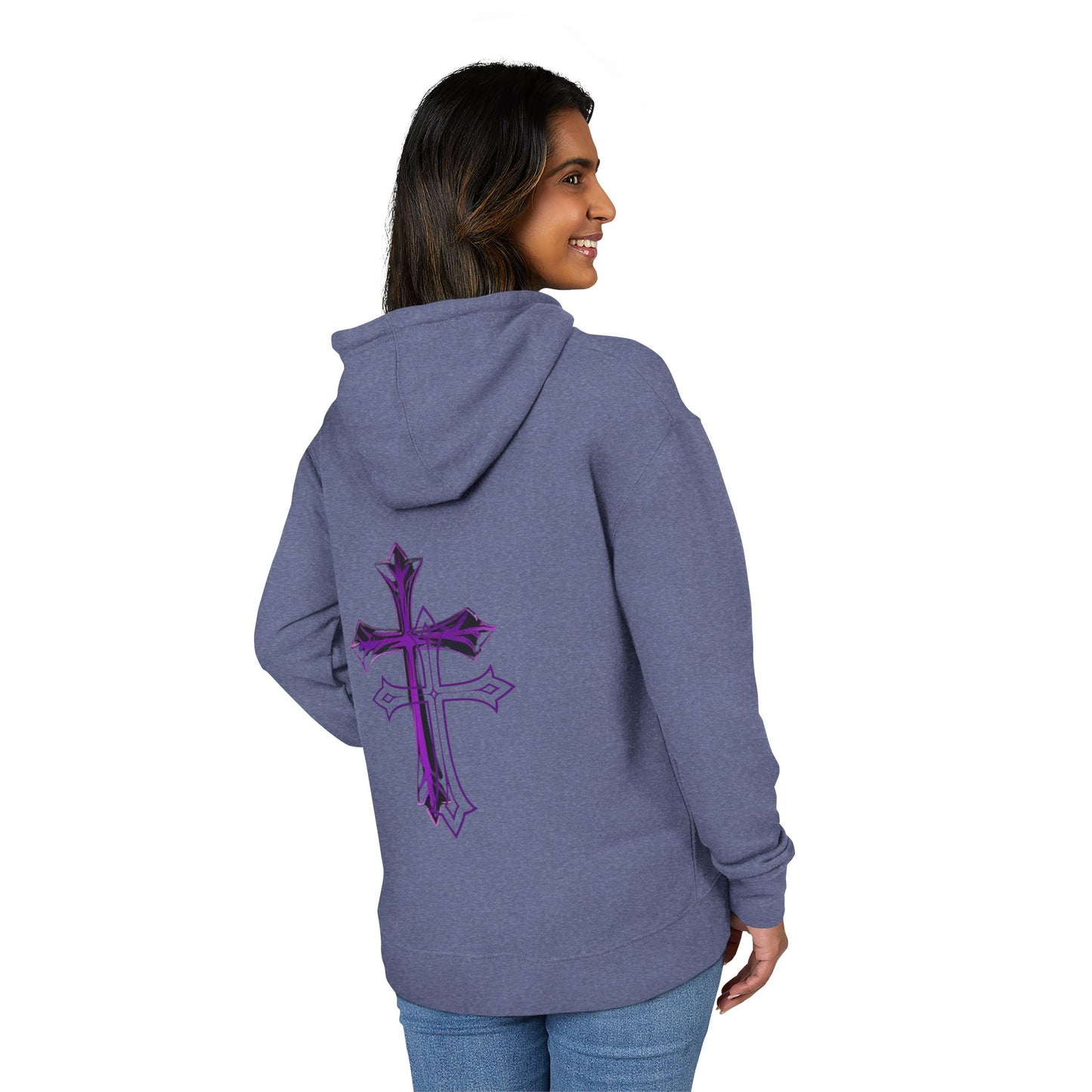 Stylish Unisex French Terry Hoodie with Purple Cross Design, Casual Wear, Gift for Teens, Faith-Inspired Fashion, Perfect for Cozy Days