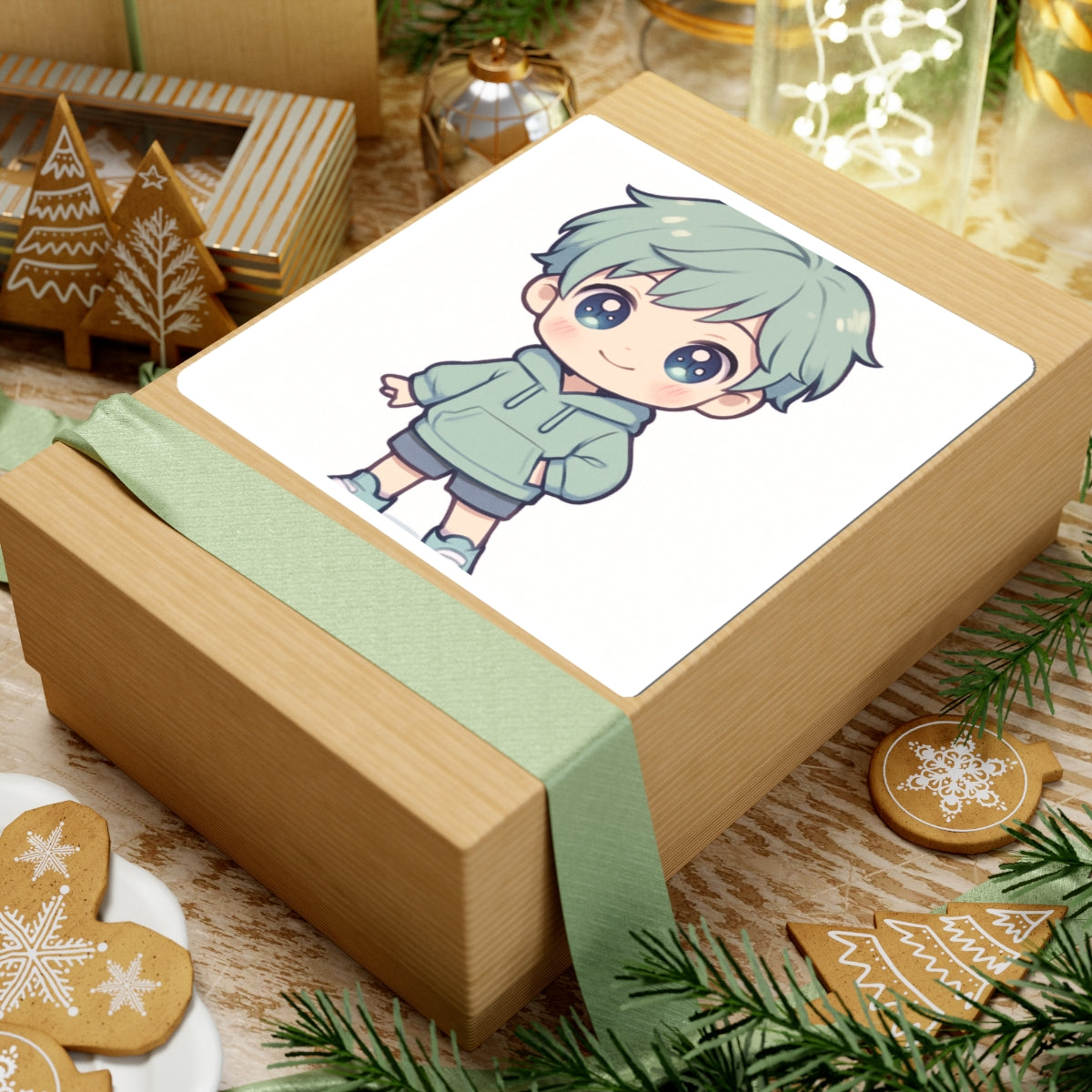 Chibi Boy Cute Anime Sticker — Pastel Green Hoodie Kiss-Cut Decal