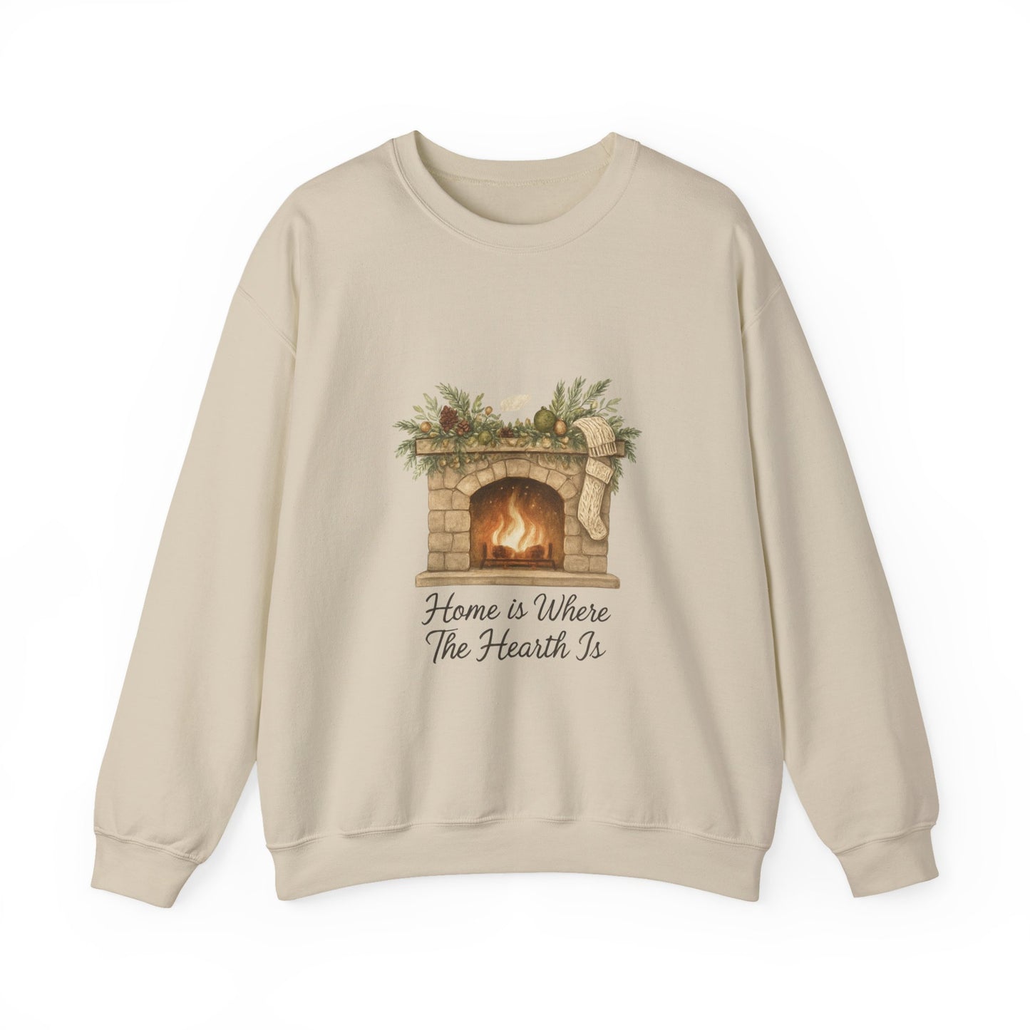 Crewneck Sweatshirt — "Home Is Where The Hearth Is" Fireplace Graphic Cozy Winter Pullover