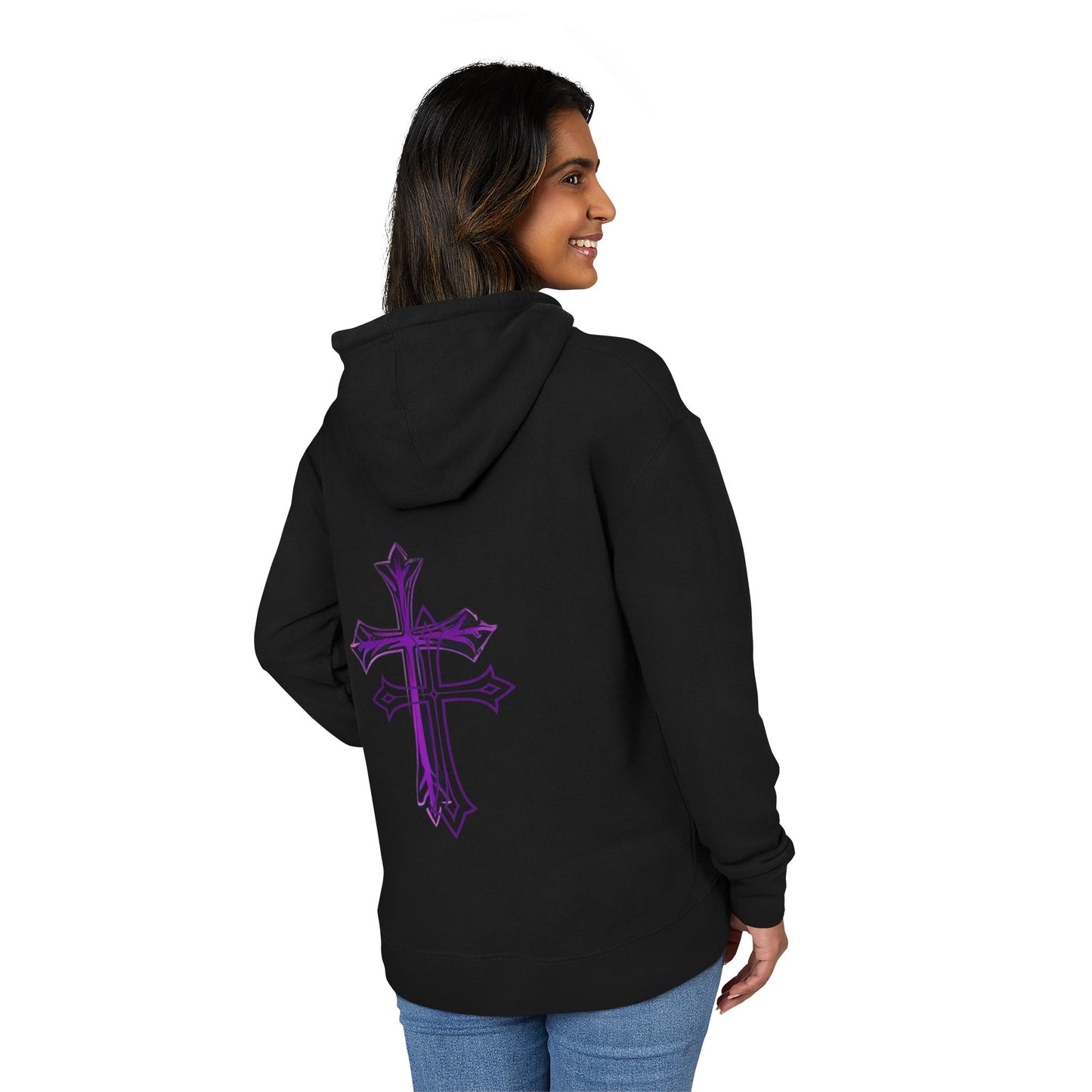 Stylish Unisex French Terry Hoodie with Purple Cross Design, Casual Wear, Gift for Teens, Faith-Inspired Fashion, Perfect for Cozy Days