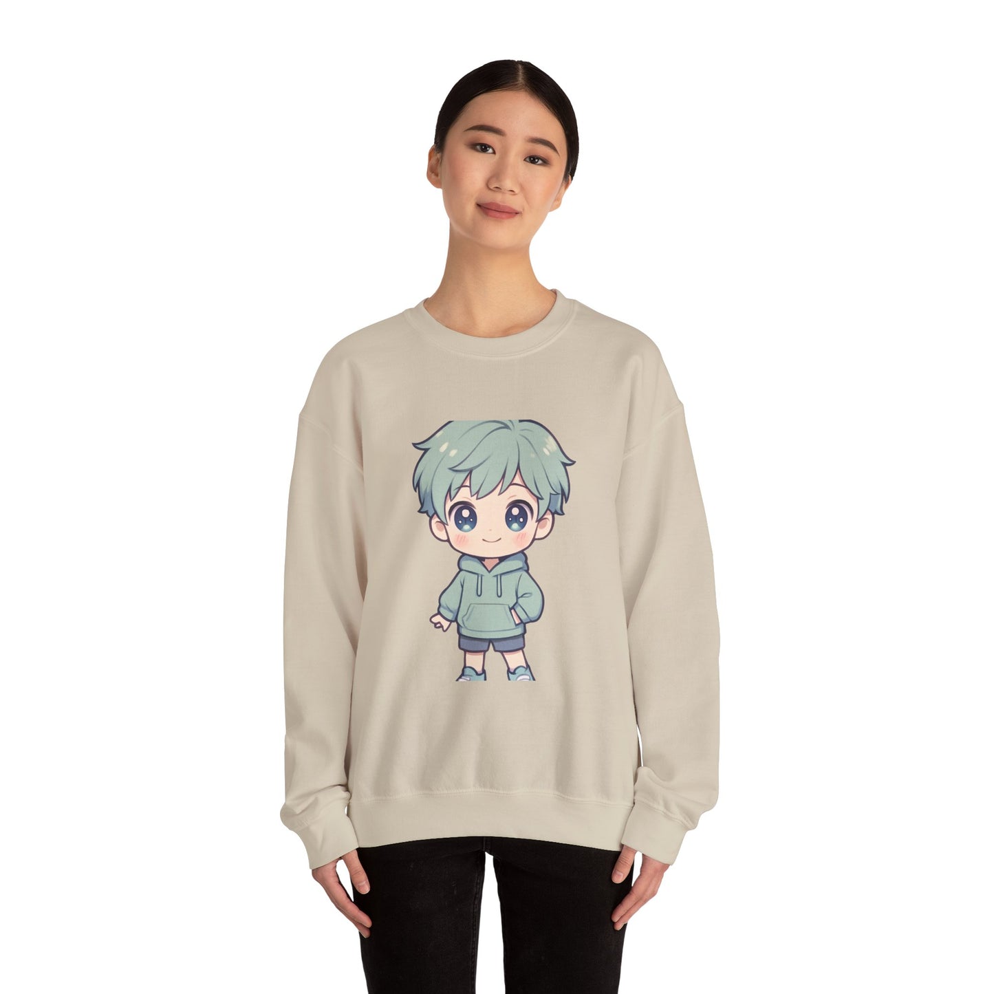 Chibi Green-Haired Boy Crewneck Sweatshirt - Cute Kawaii Anime Style