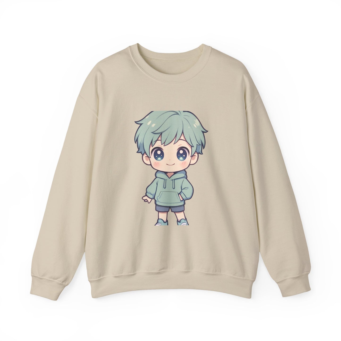 Chibi Green-Haired Boy Crewneck Sweatshirt - Cute Kawaii Anime Style