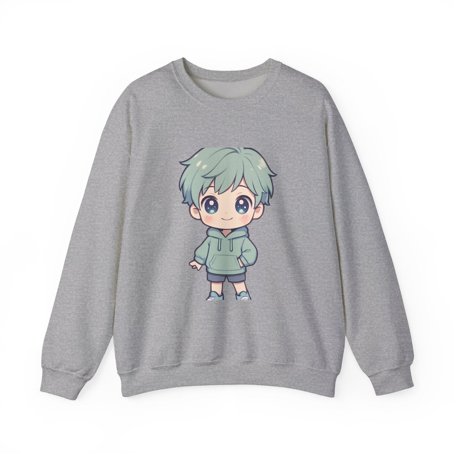 Chibi Green-Haired Boy Crewneck Sweatshirt - Cute Kawaii Anime Style