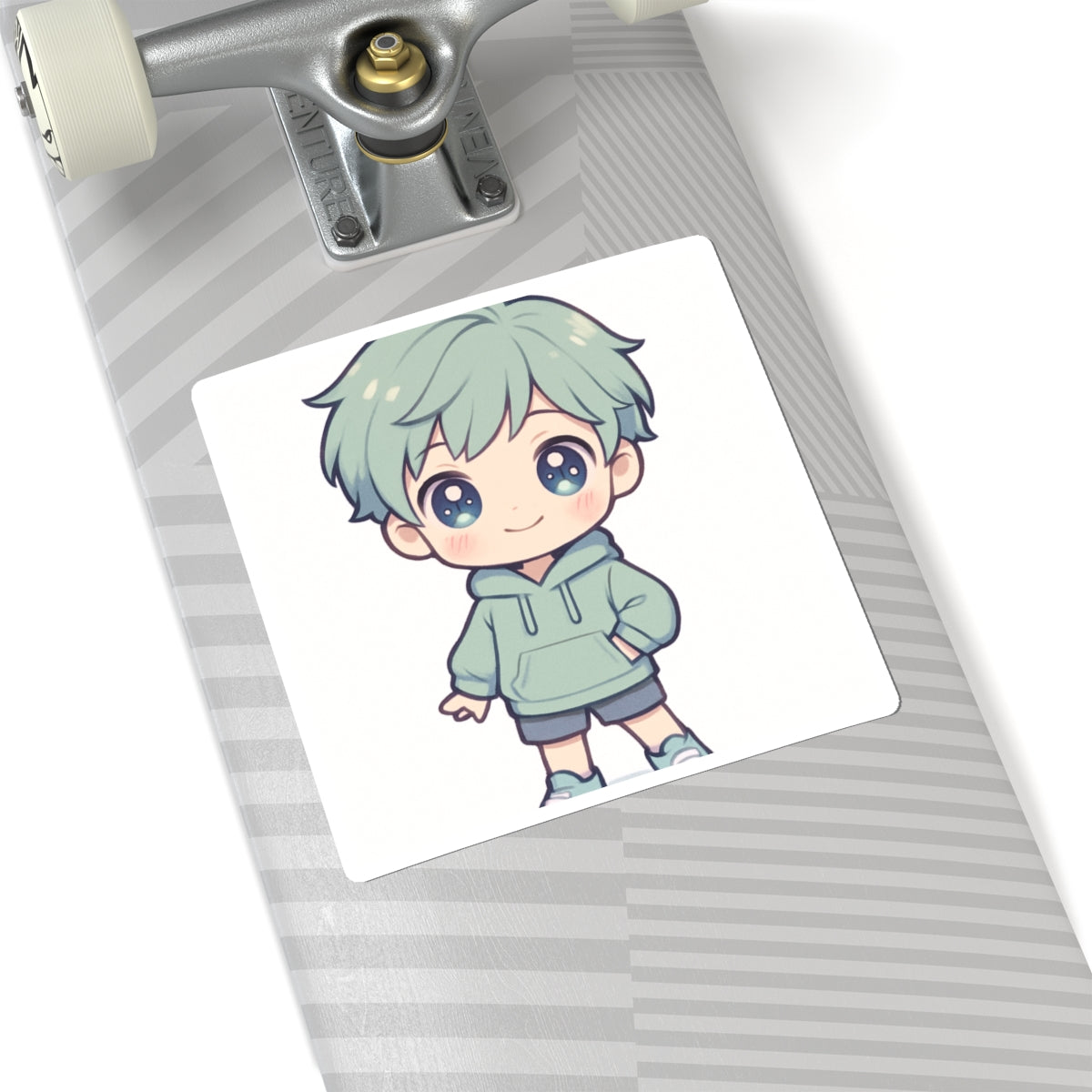 Chibi Boy Cute Anime Sticker — Pastel Green Hoodie Kiss-Cut Decal