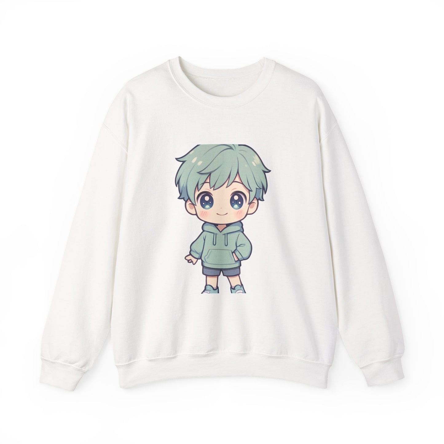 Chibi Green-Haired Boy Crewneck Sweatshirt - Cute Kawaii Anime Style