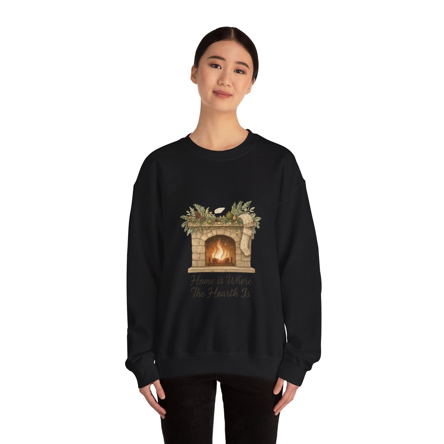 Crewneck Sweatshirt — "Home Is Where The Hearth Is" Fireplace Graphic Cozy Winter Pullover