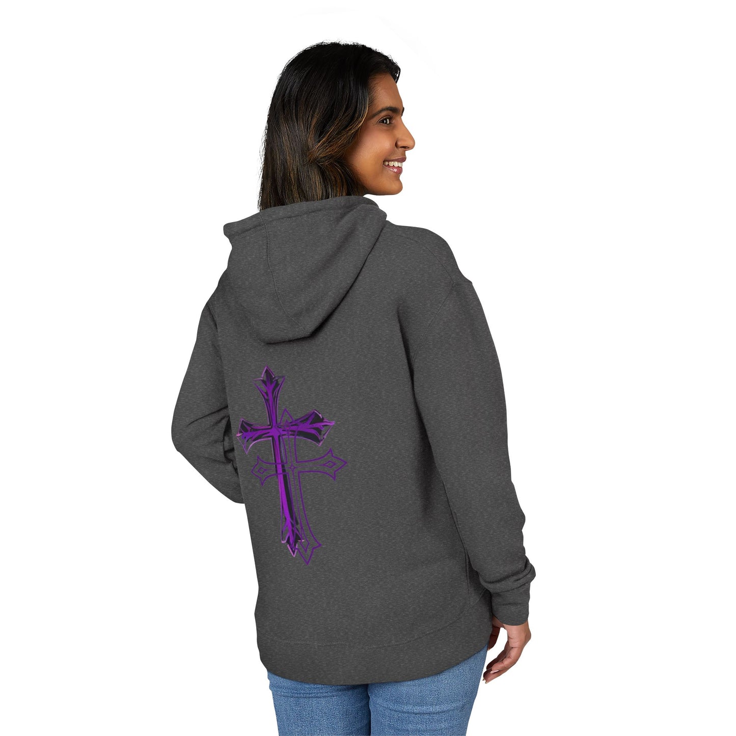 Stylish Unisex French Terry Hoodie with Purple Cross Design, Casual Wear, Gift for Teens, Faith-Inspired Fashion, Perfect for Cozy Days