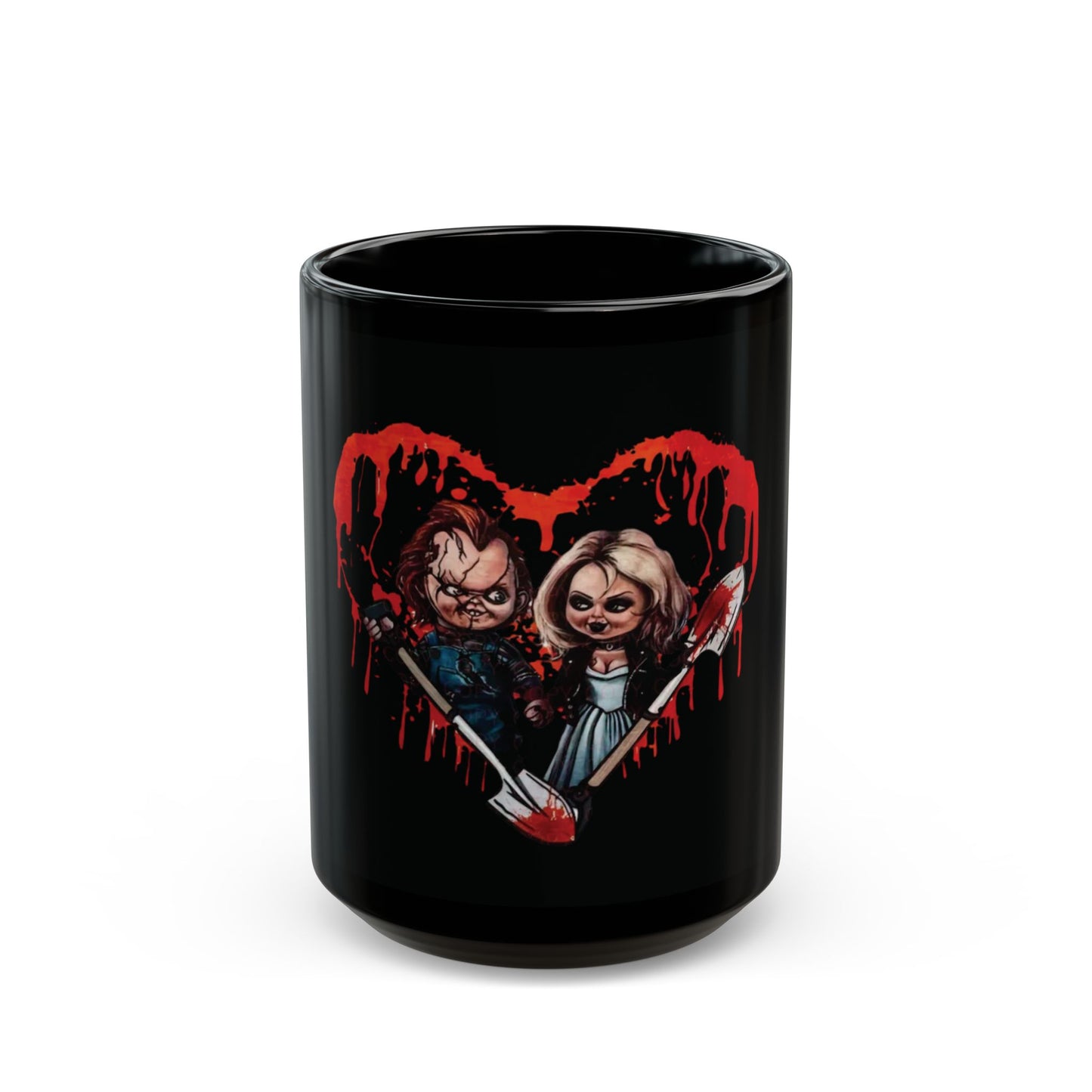 Horror Couple Heart Black Mug — Cute Creepy Chucky & Bride Design (11oz/15oz)