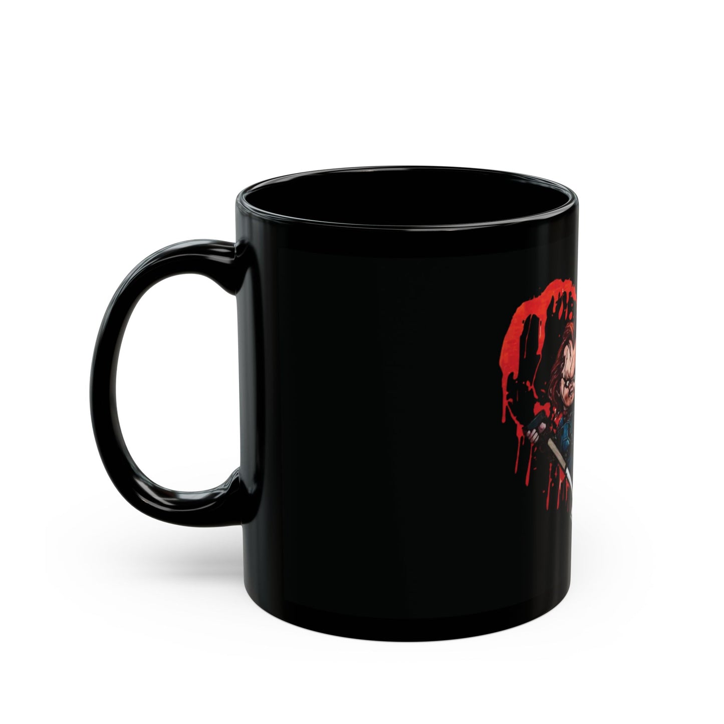Horror Couple Heart Black Mug — Cute Creepy Chucky & Bride Design (11oz/15oz)