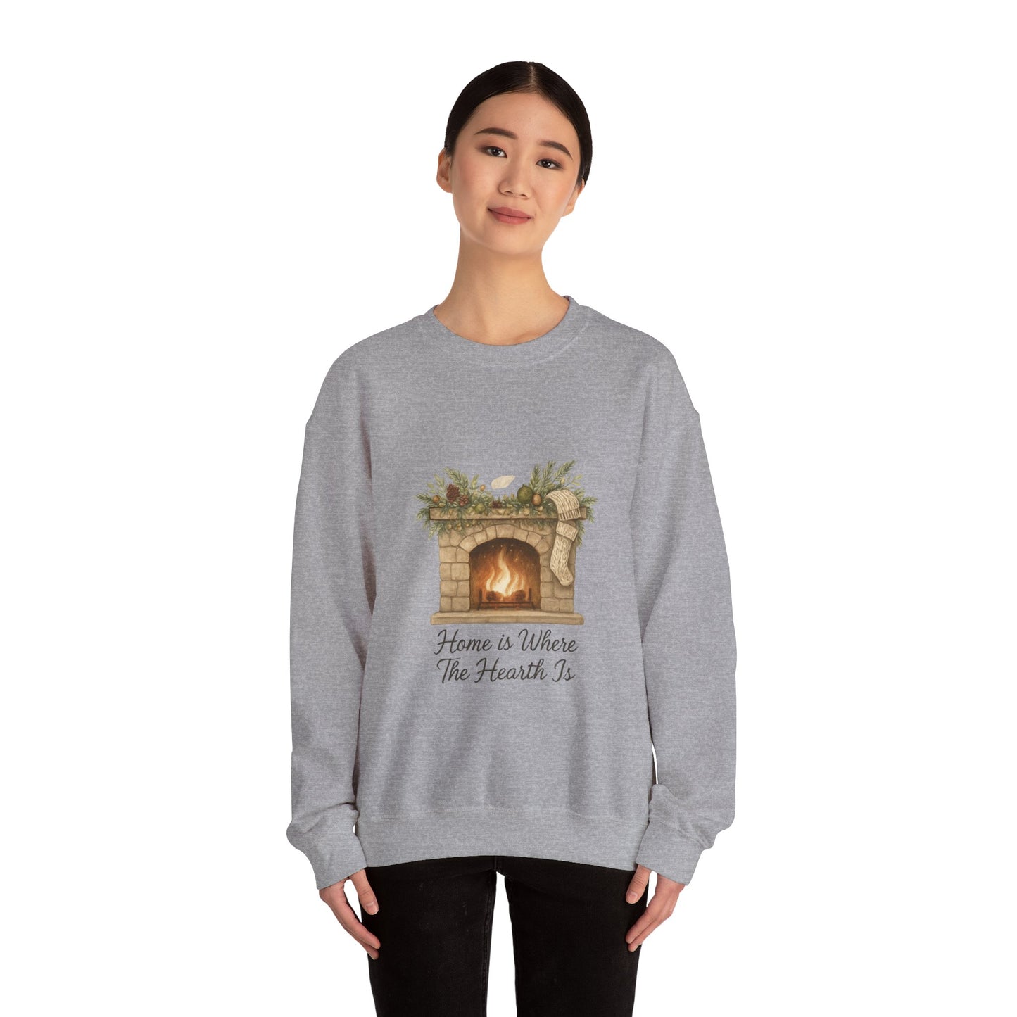 Crewneck Sweatshirt — "Home Is Where The Hearth Is" Fireplace Graphic Cozy Winter Pullover