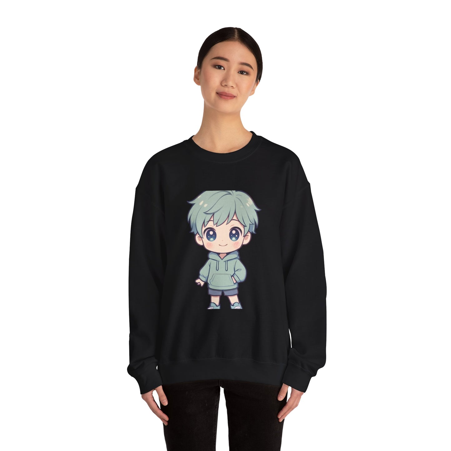 Chibi Green-Haired Boy Crewneck Sweatshirt - Cute Kawaii Anime Style